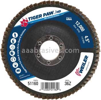 Weiler 51160 4-1/2" Tiger Paw Super High Density Flap Disc Flat Type 27 Phenolic Backing 36 Z 7/8" Arbor Hole