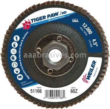 Weiler 51166 4-1/2" Tiger Paw Super High Density Flap Disc Flat Type 27 Phenolic Backing 60 Z 5/8"-11 UNC Nut