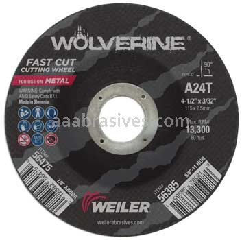 Weiler 56475 4-1/2" x 3/32" Wolverine Type 27 Cutting Wheel A24T 7/8" AH