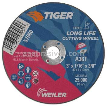 Weiler 57060 3" x 1/16" TIGER AO Type 1 Cut-Off Wheel A36T 3/8" AH