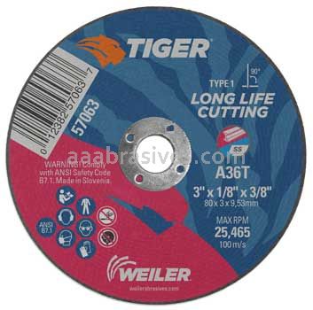 Weiler 57063 3" x 1/8" TIGER AO Type 1 Cut-Off Wheel A36T 3/8" AH