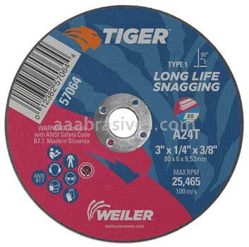 Weiler 57064 3" x 1/4" TIGER AO Type 1 Snagging Wheel A24T 3/8" AH