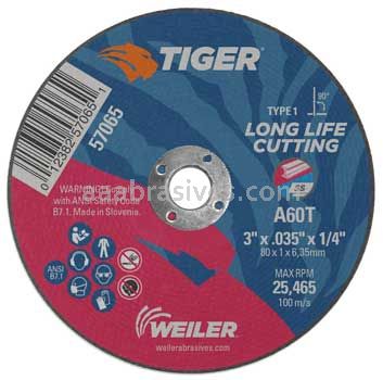 Weiler 57065 3" x .035" TIGER AO Type 1 Cut-Off Wheel A60T 1/4" AH