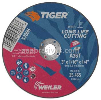 Weiler 57066 3" x 1/16" TIGER AO Type 1 Cut-Off Wheel A36T 1/4" AH