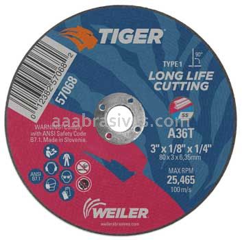 Weiler 57068 3" x 1/8" TIGER AO Type 1 Cut-Off Wheel A36T 1/4" AH