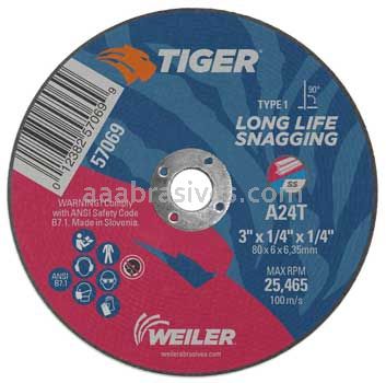 Weiler 57069 3" x 1/4" TIGER AO Type 1 Snagging Wheel A24T 1/4" AH