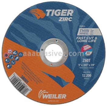 Weiler 58001 5" x .045" TIGER ZIRC Type 1 Cut-Off Wheel Z60T 7/8" AH