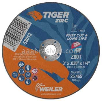 Weiler 58012 3" x .035" Tiger Zirc Type 1 Cut-Off Wheel Z60T 1/4" AH
