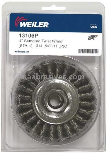 Weiler 13106P Standard Twist Knot Wire Wheel 4" .014" Steel Fill 5/8"-11 UNC Nut Retail Pack