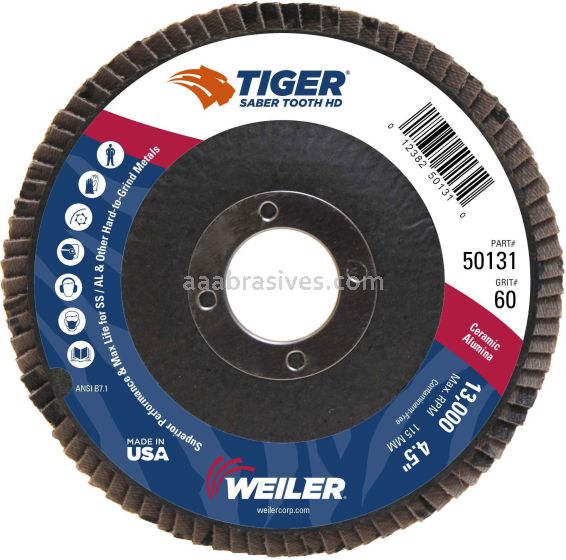 Weiler 50131 - 4-1/2" 60C 7/8" A.H. Saber Tooth High Density Ceramic Abrasive Flap Disc - 012382501310