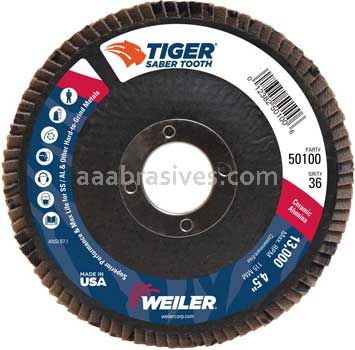 Weiler 50100 4-1/2" Tiger Ceramic Abrasive Flap Disc Conical Type 29 Phenolic Backing 36C 7/8" Arbor Hole
