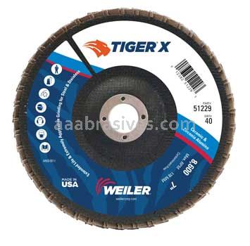 Weiler 51229 7" Tiger X Flap Disc Flat Type 27 Phenolic Backing 40 Z 7/8" Arbor Hole