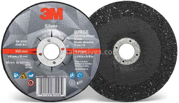 3M&trade; 7100141076 4 x 1/4 x 5/8 Type 27 Silver Depressed Center Grinding Wheel 87456