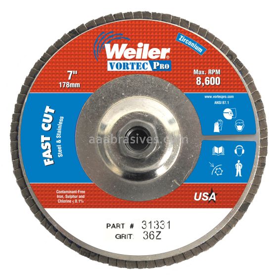 Weiler 31331 - 7" , 36Z, 5/8"-11 A.H., Vortec Pro Abrasive Flap Disc, Angled, Aluminum Backing - 012382313319