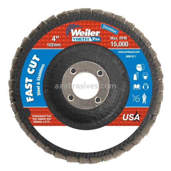 Weiler 31341 - 4" , 120Z, 5/8" A.H., Vortec Pro Abrasive Flap Disc, Angled, Phenolic Backing - 012382313418