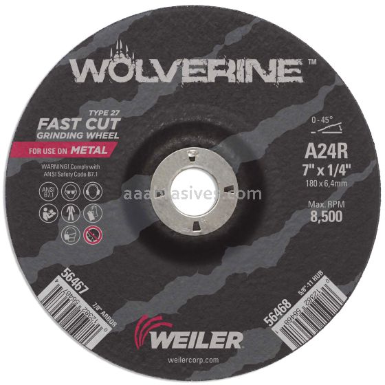 Weiler 56467 - 7" x 1/4" A24R 7/8" A.H. Type 27 Grinding Wheel - 012382564674