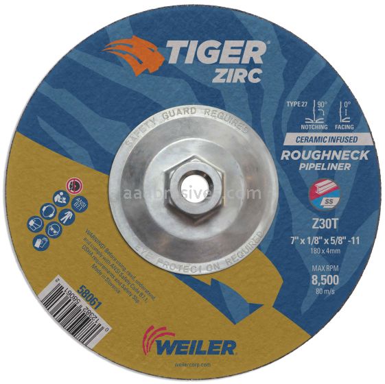 Weiler 58061 7" x 1/8" TIGER ZIRC Type 27 Roughneck Pipeline Wheel, Z30T, 5/8"-11 Nut 6804 22 1000