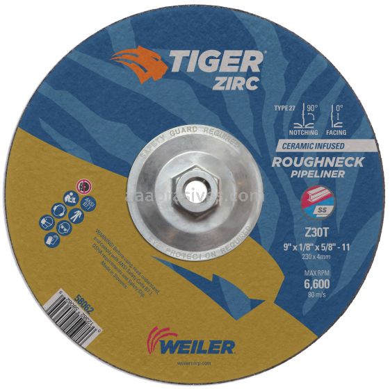 Weiler 58062 9 x 1/8 TIGER ZIRC Type 27 Roughneck Pipeline Wheel Z30T 5/8-11 Nut