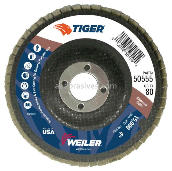 Weiler 50555 - 4" 80AO, 5/8" A.H., Tiger Disc Abrasive Flap Disc, Angled, Phenolic Backing - 012382505554