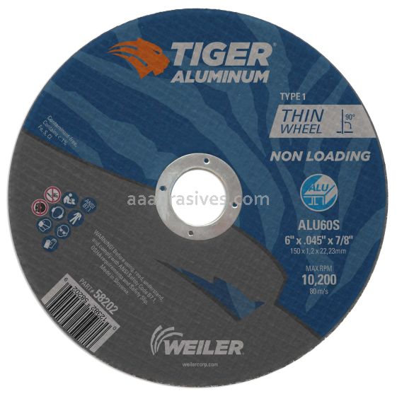 Weiler 58202 6" x .045" TIGER ALUMINUM Type 1 Cut-Off Wheel ALU60S 7/8 AH