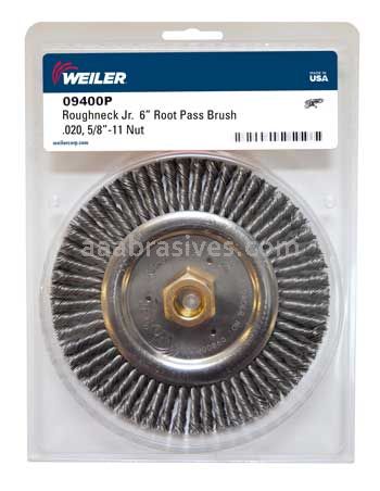 Weiler 09400P Roughneck Jr. 6" Root Pass Weld Cleaning Brush .020" Steel Wire Fill 5/8"-11 UNC Nut Retail Pack