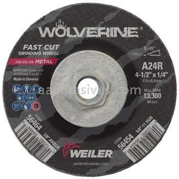 Weiler 56454 4-1/2" x 1/4" Wolverine Type 27 Grinding Wheel A24R 5/8"-11 Nut