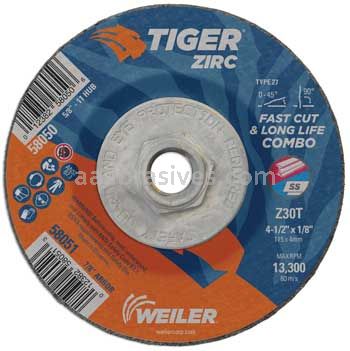 Weiler 58050 4-1/2" x 1/8" TIGER ZIRC Type 27 Cut/Grind Combo Wheel Z30T 5/8"-11 Nut