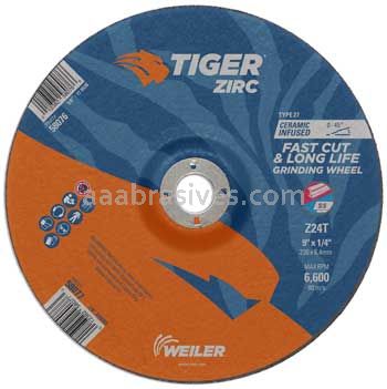 Weiler 58077 9" x 1/4" TIGER ZIRC Type 27 Grinding Wheel Z24T 7/8" AH