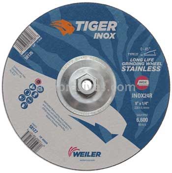 Weiler 58126 9" x 1/4" TIGER INOX Type 27 Grinding Wheel INOX24R 5/8"-11 Nut