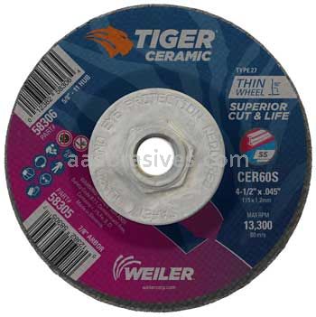 Weiler 58306 4-1/2" x .045" TIGER CERAMIC Type 27 Cutting Wheel CER60S 5/8-11 Nut