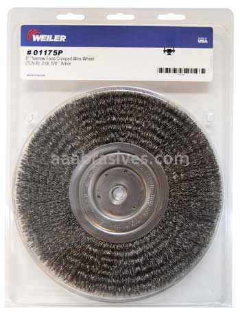 Weiler 01175P 8" Narrow Face Crimped Wire Wheel .014" Steel Fill 5/8" Arbor Hole Retail Pack