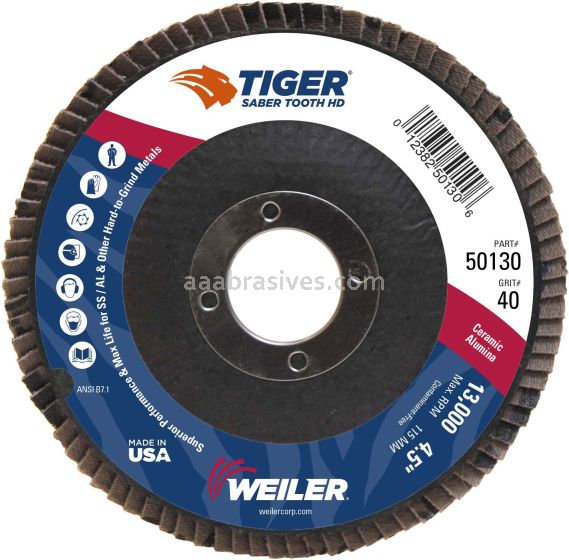 Weiler 50130 - 4-1/2" 40C 7/8" A.H. Saber Tooth High Density Ceramic Abrasive Flap Disc - 012382501303