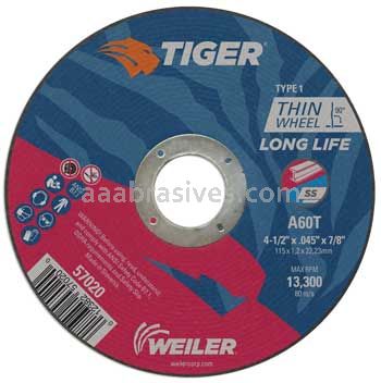 Weiler 57020 4-1/2" x .045" TIGER AO Type 1 Cut-Off Wheel A60T 7/8" AH