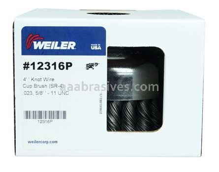 Weiler 12316P 4" Single Row Knot Wire Cup Brush .023" Steel Fill 5/8"-11 UNC Nut Retail Pack