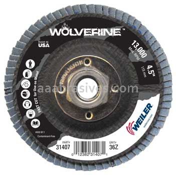 Weiler 31407 4-1/2" Wolverine Abrasive Flap Disc Flat Type 27 Phenolic Backing 36 Z 5/8"-11 UNC Nut