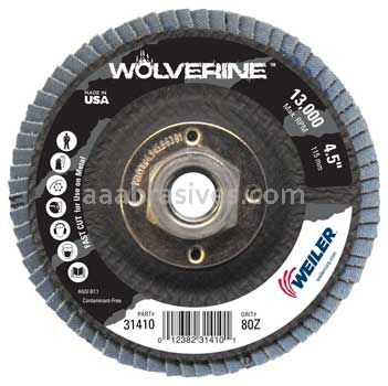 Weiler 31410 4-1/2" Wolverine Abrasive Flap Disc Flat Type 27 Phenolic Backing 80 Z 5/8"-11 UNC Nut