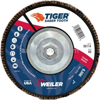 Weiler 50114 7" Tiger Ceramic Abrasive Flap Disc Conical Type 29 Phenolic Backing 60C 5/8"-11 UNC Nut
