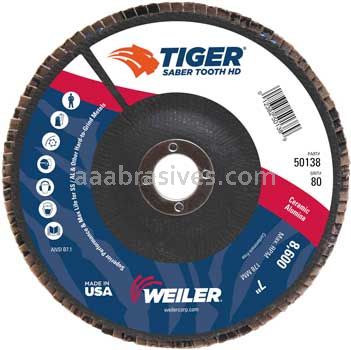 Weiler 50138 7" Tiger Ceramic High Density Type 27 Abrasive 80C 7/8" Arbor Hole