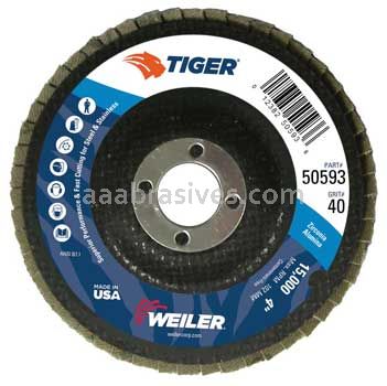 Weiler 50593 4" Tiger Disc Abrasive Flap Disc Conical Type 29 Phenolic Backing 40 Z 5/8" Arbor Hole