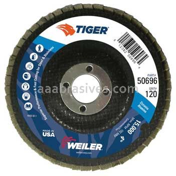 Weiler 50696 4" Tiger Disc Abrasive Flap Disc Flat Type 27 Phenolic Backing 120 Z 5/8" Arbor Hole