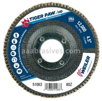 Weiler 51063 4-1/2" Tiger Paw Super High Density Flap Disc Angled Type 29 Phenolic Backing 80 Z 7/8" Arbor Hole