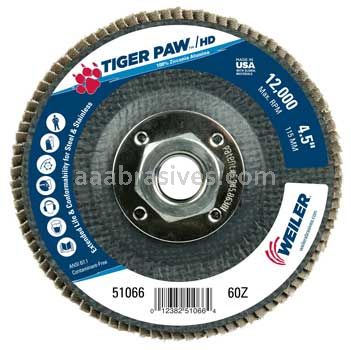 Weiler 51066 4-1/2" Tiger Paw Super High Density Flap Disc Angled Type 29 Phenolic Backing 60 Z 5/8"-11 UNC Nut