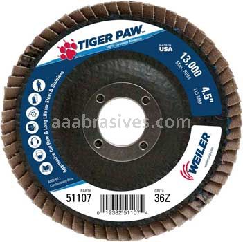 Weiler 51107 4-1/2" Tiger Paw Abrasive Flap Disc Flat Type 27 Phenolic Backing 36 Z 7/8" Arbor Hole