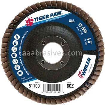 Weiler 51109 4-1/2" Tiger Paw Abrasive Flap Disc Flat Type 27 Phenolic Backing 60 Z 7/8" Arbor Hole
