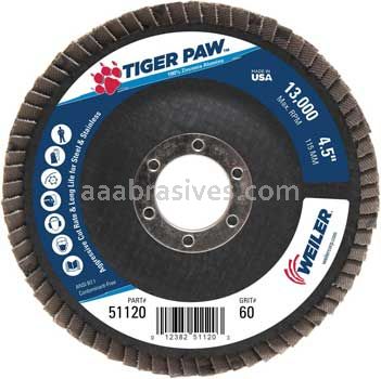 Weiler 51120 4-1/2" Tiger Paw Abrasive Flap Disc Angled Type 29 Phenolic Backing 60 Z 7/8" Arbor Hole
