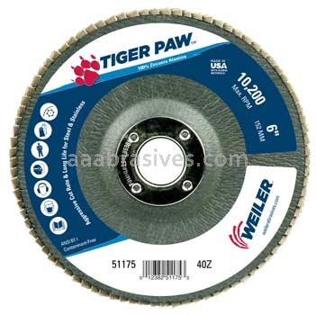 Weiler 51175 6" Tiger Paw Abrasive Flap Disc Angled Type 29 Phenolic Backing 40 Z 7/8" Arbor Hole