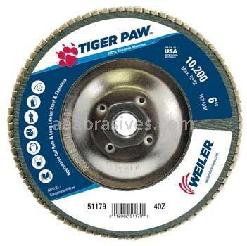 Weiler 51179 6" Tiger Paw Abrasive Flap Disc Angled Type 29 Phenolic Backing 40 Z 5/8"-11 UNC Nut