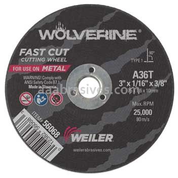Weiler 56068 3" x 1/16" Wolverine Type 1 Cut-Off Wheel A36T 3/8" AH