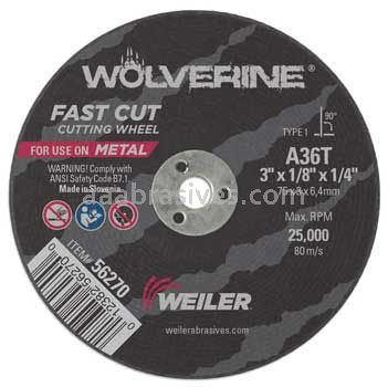 Weiler 56270 3" x 1/8" Wolverine Type 1 Cut-Off Wheel A36T 1/4" AH
