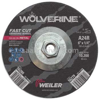 Weiler 56279 6" x 1/4" Wolverine Type 27 Grinding Wheel A24R 5/8"-11 Nut